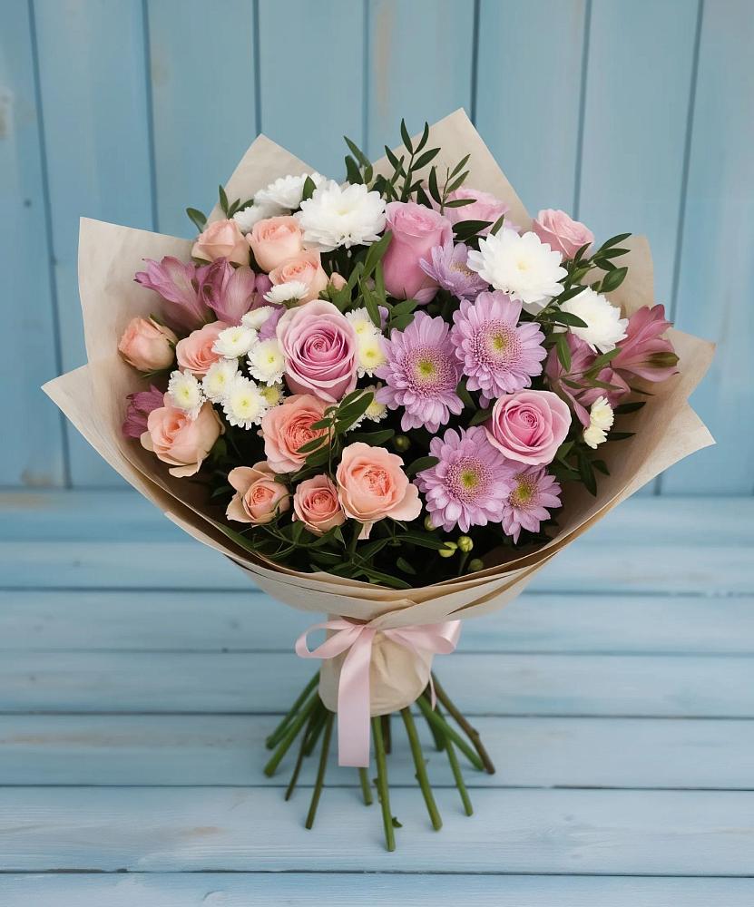 Букет цветов из: Хризантемы, Розы и Альстромерии в Калья