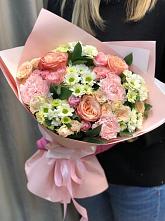 Букет нежные объятья в Калья Букет цветов из: Гвоздики, Розы и Хризантемы в Калья