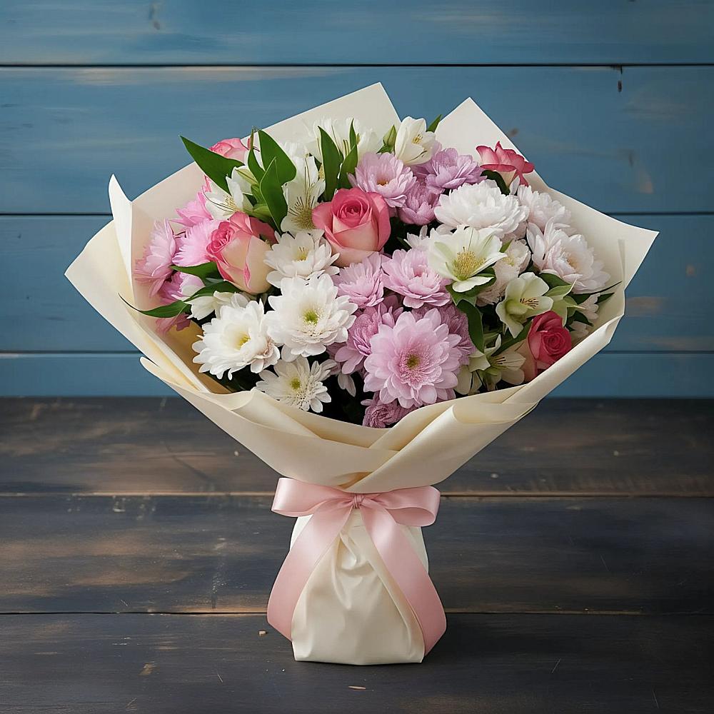 Букет цветов из: Хризантемы, Альстромерии и Розы в Калья